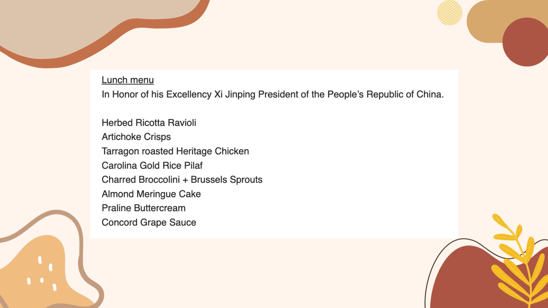 中美领导人午宴菜单